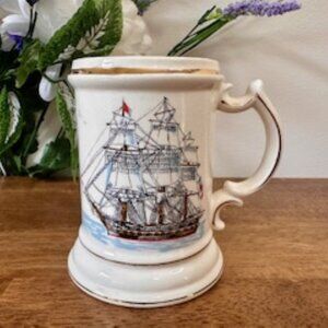 Vintage Gainsborough Moustache Mug Ship Design Gold Rim Ceramic Shaving Mug Tank